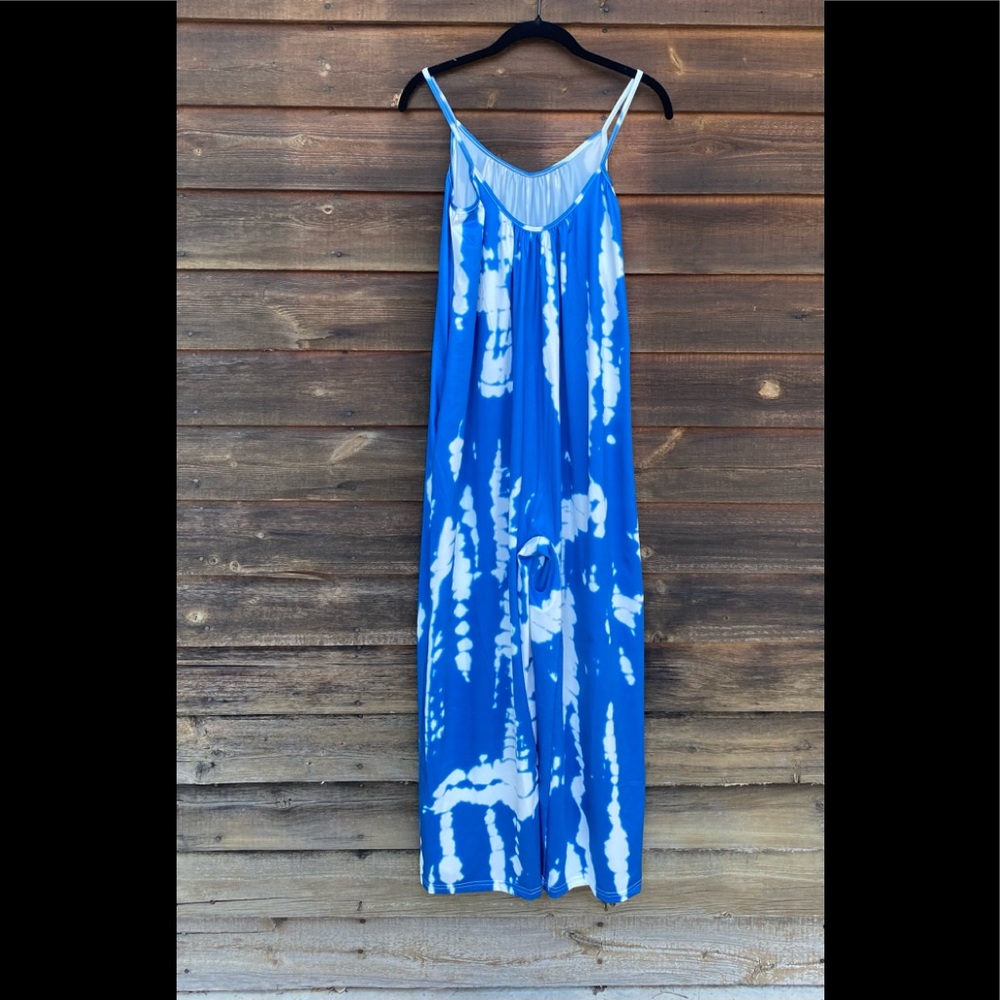 Overalls Jumpsuit Romper Oversized Tie Dye Boho Jumpsuit Bright Blue/White - Picture 10 of 17